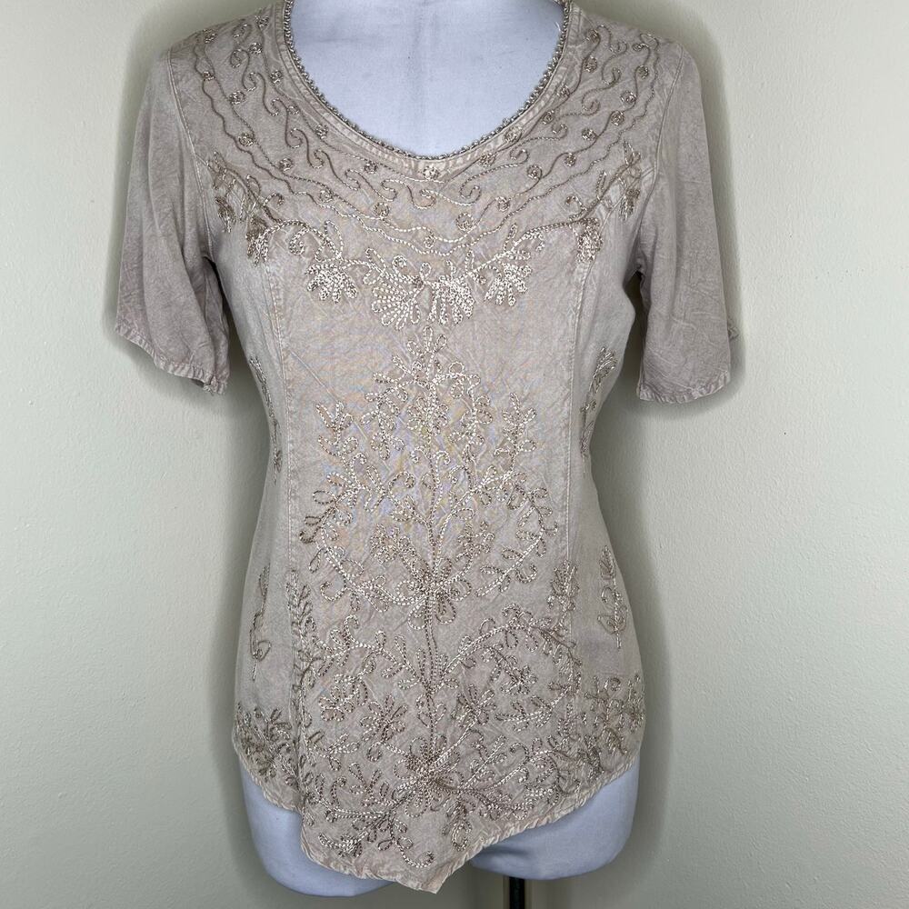 My Choice Top Small Acid Wash Tie Back Embroidered India Boho Rayon Cottage